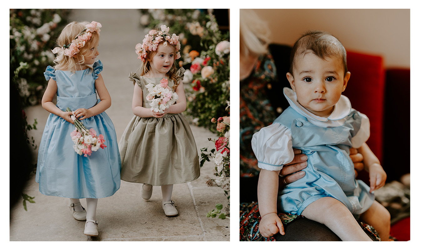 Pale green and pale blue flower girl dresses and matching pale blue baby boy outfit by Royal designer Little Eglantine for Albertine Choraria's wedding